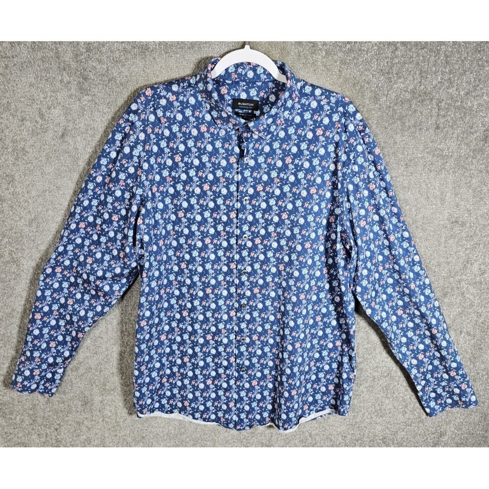 Bugatchi Ooohcotton Tech 8 Way Stretch Shirt Mens Sz‎ XL Blue Floral Button Down